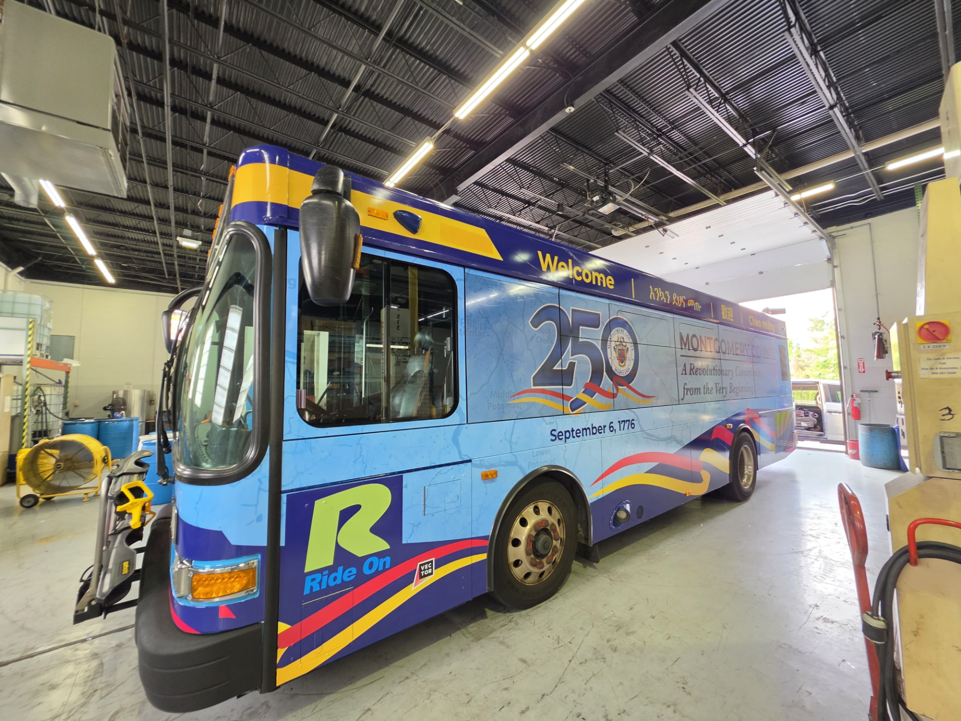 Montgomery County Ride On bus wrapped for the 250th anniversary campaign