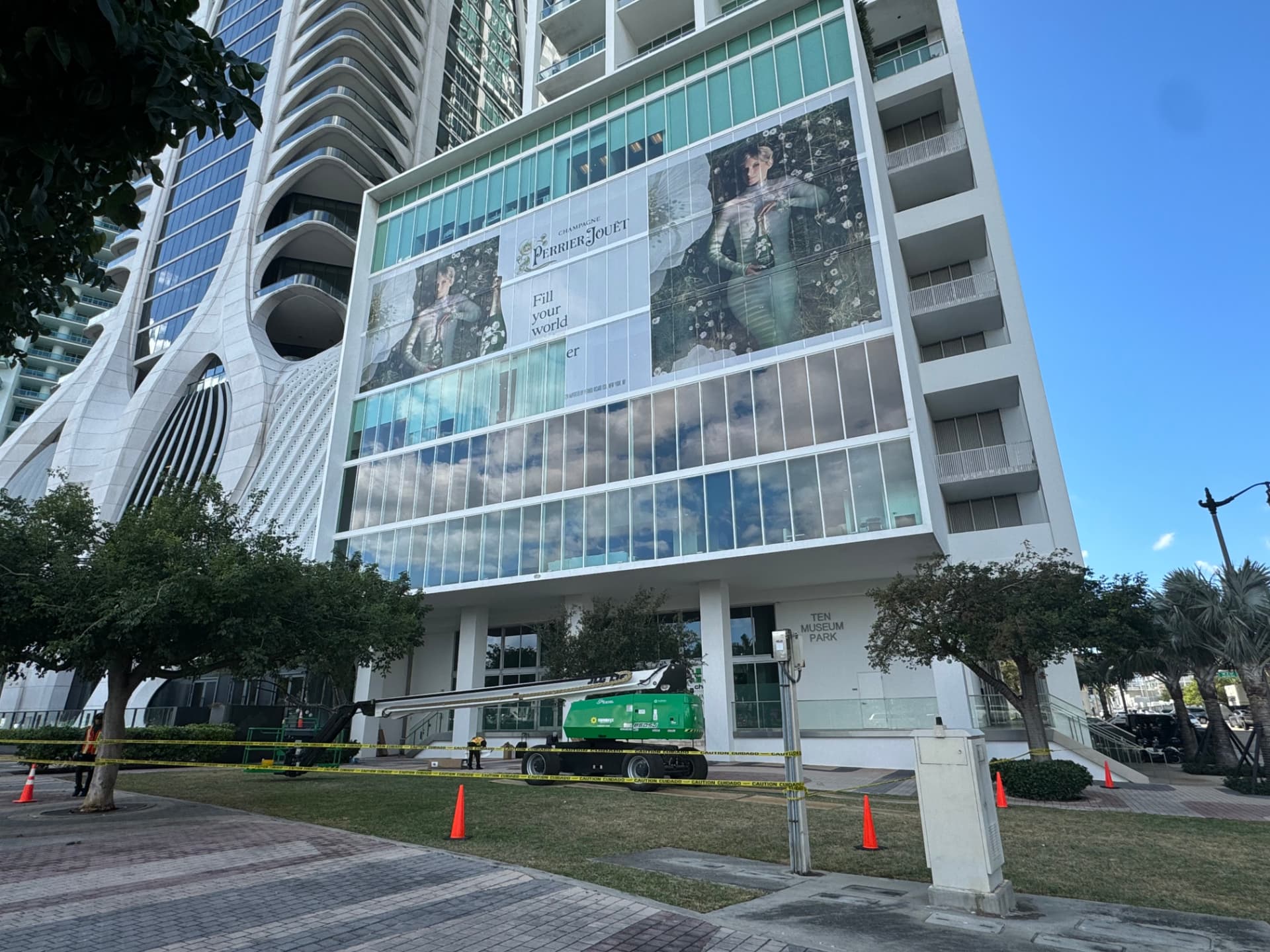 Large format Perrier-Jouet building window graphic installed on a Miami high-rise