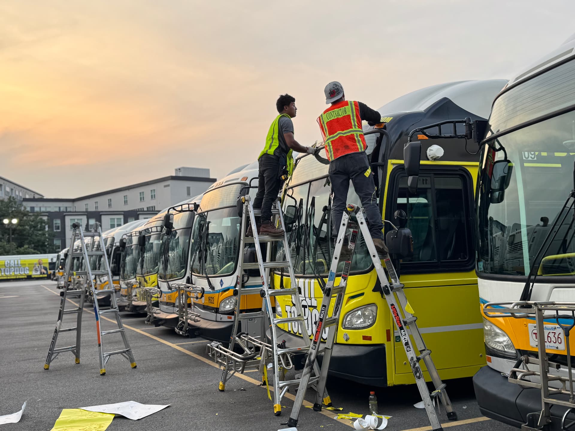 Install crew applying graphics to a row of transit buses at sunrise
