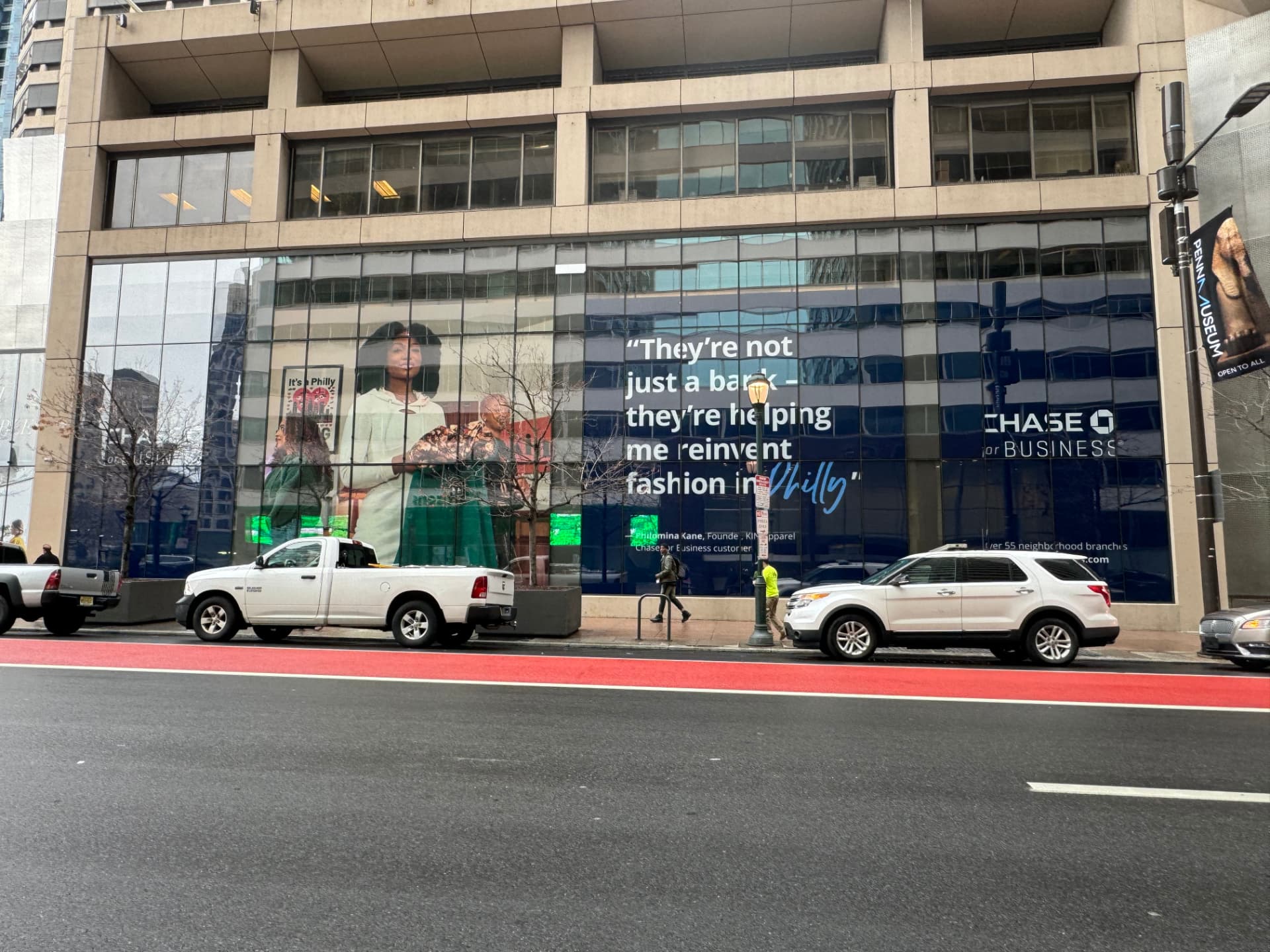 Full glass facade covered in printed Chase for Business window graphics in downtown Philadelphia